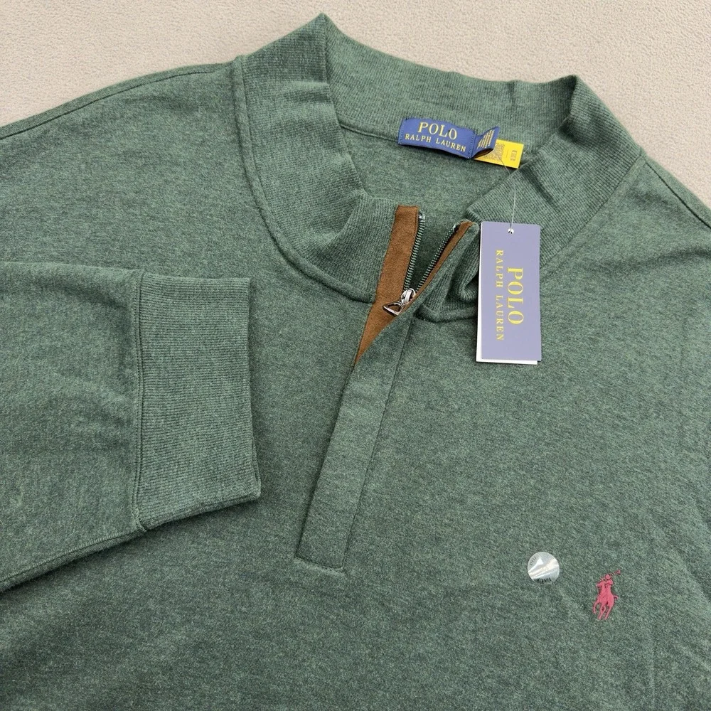 Polo Ralph Lauren 1/4 Zip Estate Rib Pullover Mens 6XB Green Heather Suede Pony